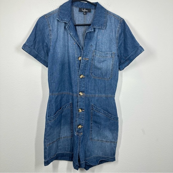 Lulus Pants - Lulus Size Small Denim Chambray Dark Wash Short Sleeve Romper Jumpsuit Casual